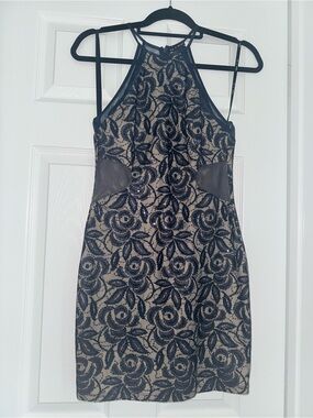 As U Wish Navy Lace Halter Mini Dress with Nude Underlay